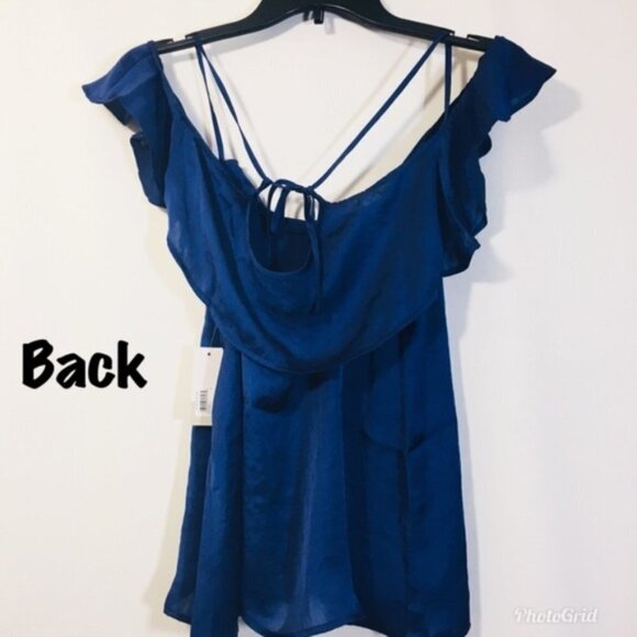 BP Womens Blue Flutter Sleeve Cold Shoulder Silky Satin Camisole Top Sz S New - Picture 5 of 10